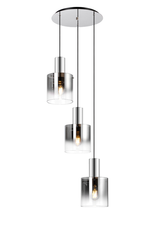 C-Lighting Bridge Round Pendant, 3 Light Adjustable E27, Polished Nickel/Black/Smoke Fade Glass - 61036