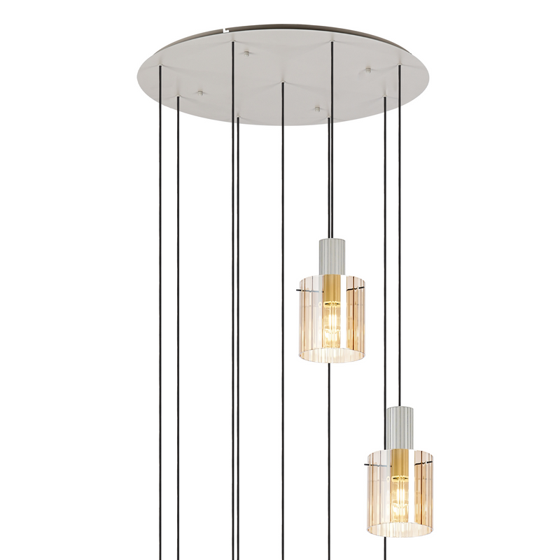 Load image into Gallery viewer, C-Lighting Bridge Ribbed Round Pendant, 9 Light Adjustable E27, Painted Beige/Amber Wide Line Glass -
