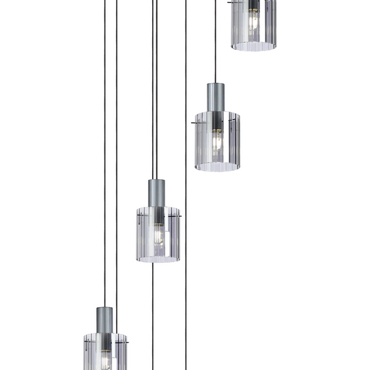 C-Lighting Bridge Ribbed Round Pendant, 9 Light Adjustable E27, Dark Grey/Smoke Wide Line Glass -