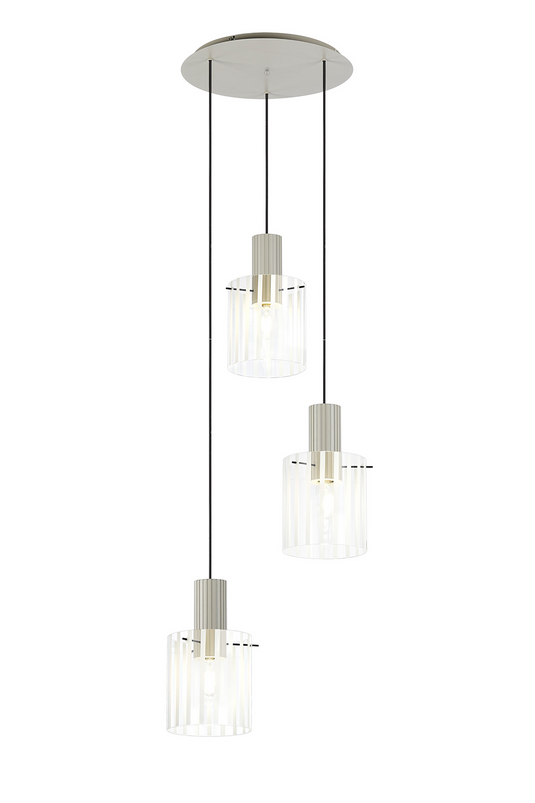 C-Lighting Bridge Ribbed Round Pendant, 3 Light Adjustable E27, Painted Beige/Frosted Wide Line Glass-