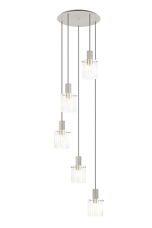 C-Lighting Bridge Ribbed Round Pendant, 5 Light Adjustable E27, Painted Beige/Frosted Wide Line Glass -