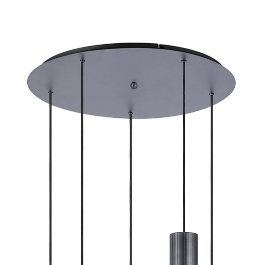 C-Lighting Bridge Ribbed Round Pendant, 5 Light Adjustable E27, Dark Grey/Amber Wide Line Glass -