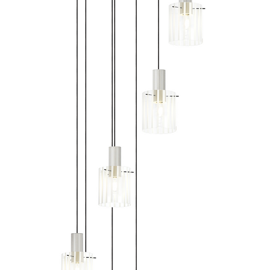 C-Lighting Bridge Ribbed Round Pendant, 9 Light Adjustable E27, Painted Beige/Frosted Wide Line Glass -