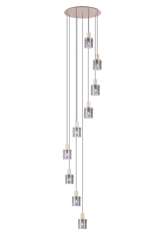 C-Lighting Bridge Ribbed Round Pendant, 9 Light Adjustable E27, Light Gold/Smoke Wide Line Glass -