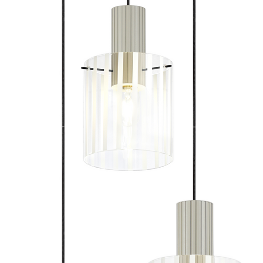 C-Lighting Bridge Ribbed Round Pendant, 3 Light Adjustable E27, Painted Beige/Frosted Wide Line Glass-