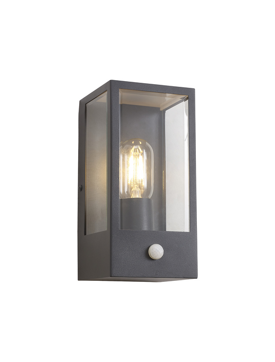 C-Lighting Zande Rectangular Case Wall Lamp With PIR Sensor, 1 x E27, IP44, Dark Grey/Clear - 59750