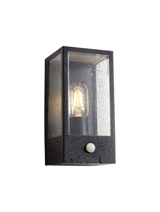 C-Lighting Zande Rectangular Case Wall Lamp With PIR Sensor, 1 x E27, IP44, Matt Black/Clear - 59751