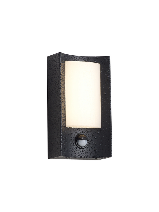C-Lighting Zande Rectangular Curve Wall Lamp With PIR Sensor, 1 x 6W LED, 3000K, 400lm, IP54, Matt Black/Opal, 3yrs Warranty  - 59752