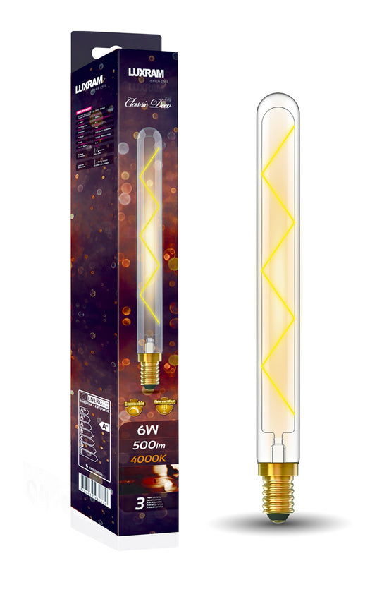 Classic Deco LED 280mm Tubular E14 Dimmable 6W 4000K Natural White, 500lm, Clear Glass, 3yrs Warranty