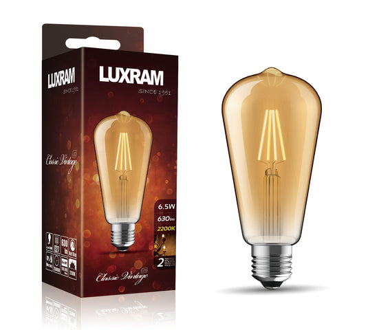 Value Vintage LED Rustica Tradition Tip/M ST64 E27 Dimmable 6.5W 2200K, 630lm, Amber Finish, 3yr Warranty