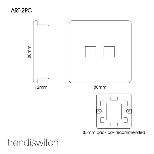 Trendi Switch ART-2PCBK, Artistic Modern Twin PC Ethernet Cat 5&6 Data Outlet Gloss Black Finish, BRITISH MADE, (35mm Back Box Required), 5yrs Warranty - 43837