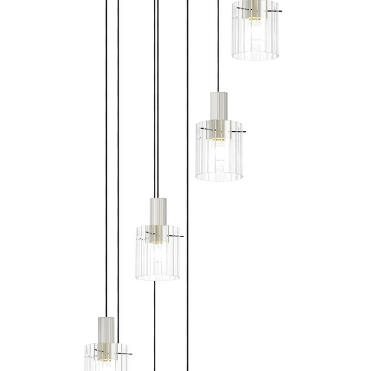 C-Lighting Bridge Ribbed Round Pendant, 9 Light Adjustable E27, Painted Beige/Clear Wide Line Glass -