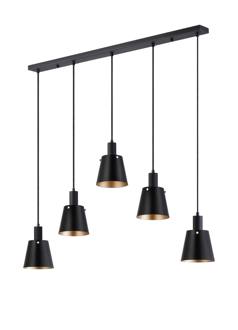 Load image into Gallery viewer, C-Lighting Hektor Linear Pendant With 16cm x 14cm Shade, 5 Light E27, Sand Black/Black/Gold Metal Shade - 60880
