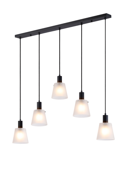 C-Lighting Hektor Linear Pendant With 16cm x 14cm Shade, 5 Light E27, Sand Black/Frosted White Glass Shade - 60884
