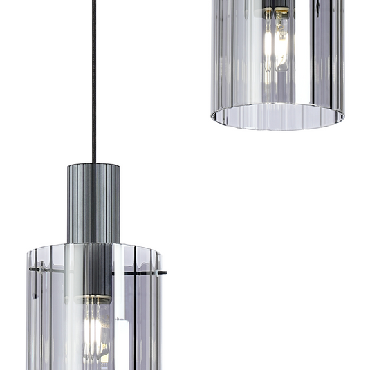 C-Lighting Bridge Ribbed Round Pendant, 3 Light Adjustable E27, Dark Grey/Smoke Wide Line Glass-