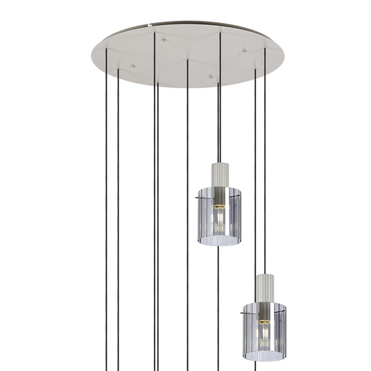 C-Lighting Bridge Ribbed Round Pendant, 9 Light Adjustable E27, Painted Beige/Smoke Wide Line Glass -