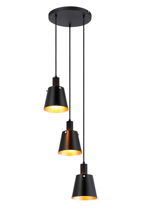 C-Lighting Hektor Round Pendant With 16cm x 14cm Shade, 3 Light E27, Sand Black/Black/Gold Metal Shade - 60886