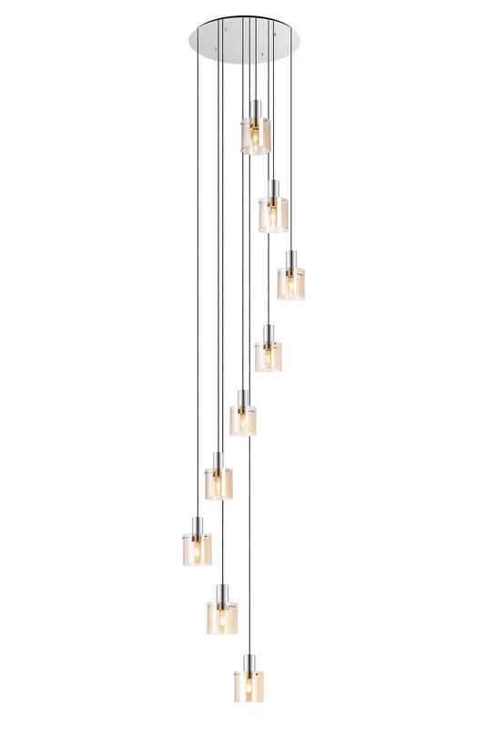 C-Lighting Bridge Round Pendant, 9 Light E27, Polished Nickel/Black/Amber Glass Item Weight: 20.3kg - 61044