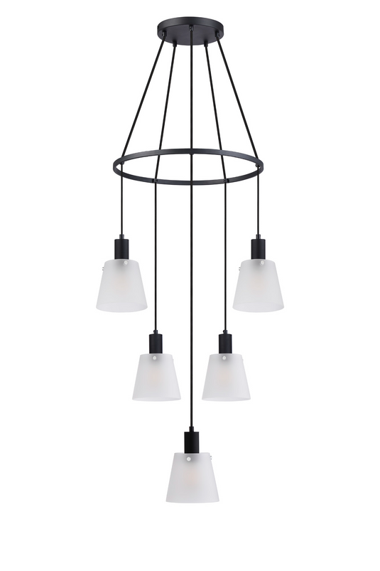 C-Lighting Hektor Ring Pendant With 16cm x 14cm Shade, 5 Light E27, Sand Black/Frosted White Glass Shade - 60914