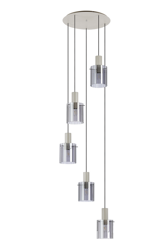 C-Lighting Bridge Ribbed Round Pendant, 5 Light Adjustable E27, Painted Beige/Smoke Wide Line Glass -