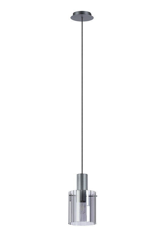 C-Lighting Bridge Ribbed Single Pendant, 1 Light Adjustable E27, Dark Grey/Smoke Wide Line Glass -