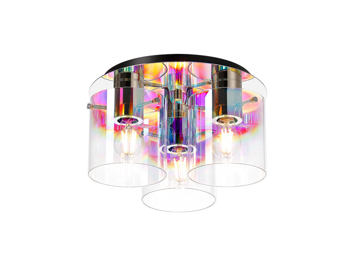 C-Lighting Bridge Round Ceiling Flush, 3 Light Flush Fitting, Polished Nickel/Black/Iridescent Fade Glass - 61031