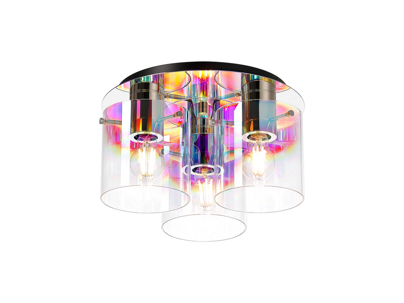 Load image into Gallery viewer, C-Lighting Bridge Round Ceiling Flush, 3 Light Flush Fitting, Polished Nickel/Black/Iridescent Fade Glass - 61031
