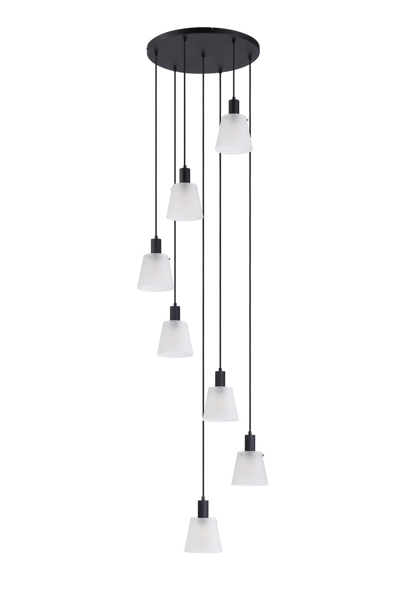 Load image into Gallery viewer, C-Lighting Hektor Round Pendant With 16cm x 14cm Shade, 7 Light E27, Sand Black/Frosted White Glass Shade - 60902
