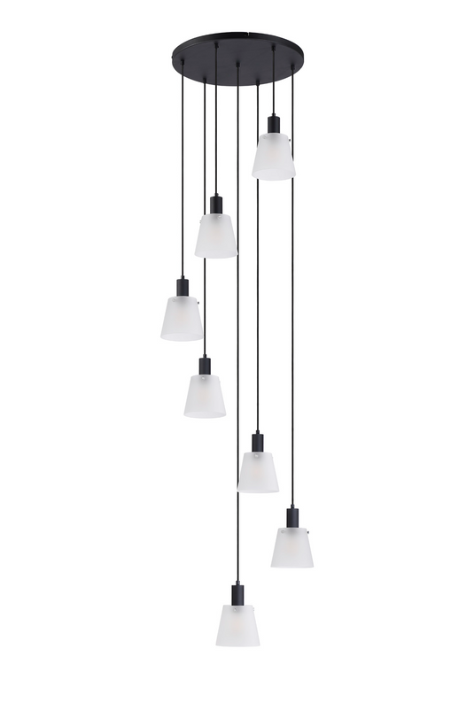 C-Lighting Hektor Round Pendant With 16cm x 14cm Shade, 7 Light E27, Sand Black/Frosted White Glass Shade - 60902