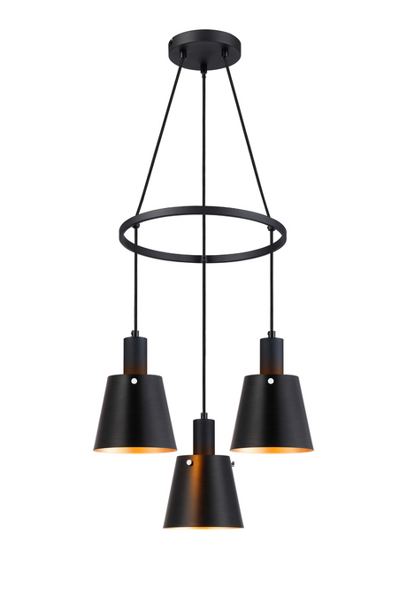 C-Lighting Hektor Ring Pendant With 16cm x 14cm Shade, 3 Light E27, Sand Black/Black/Gold Metal Shade - 60904