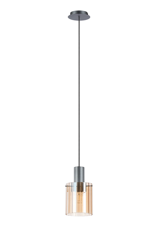 C-Lighting Bridge Ribbed Single Pendant, 1 Light Adjustable E27, Dark Grey/Amber Wide Line Glass -