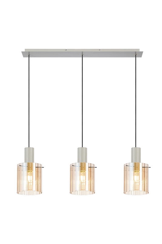 C-Lighting Bridge Ribbed Linear Pendant, 3 Light Adjustable E27, Painted Beige/Amber Wide Line Glass -