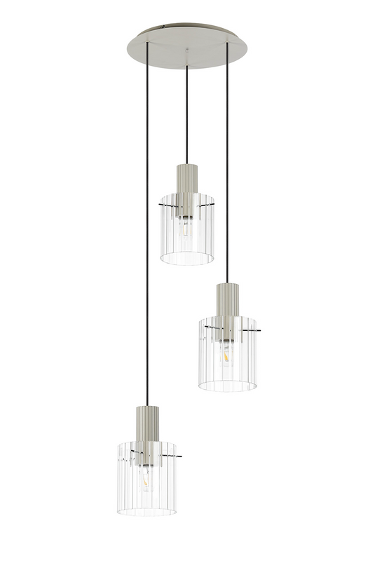 C-Lighting Bridge Ribbed Round Pendant, 3 Light Adjustable E27, Painted Beige/Clear Wide Line Glass-