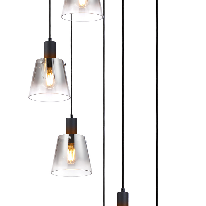 Load image into Gallery viewer, C-Lighting Hektor Round Pendant With 16cm x 14cm Shade, 7 Light E27, Sand Black/Smoke Faded Glass Shade - 60903

