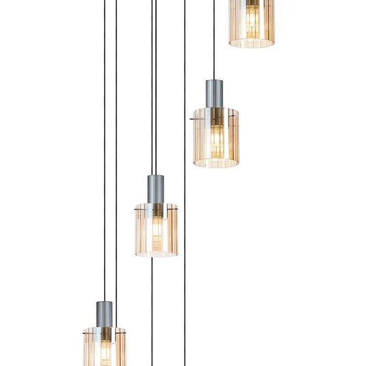 C-Lighting Bridge Ribbed Round Pendant, 9 Light Adjustable E27, Dark Grey/Amber Wide Line Glass -