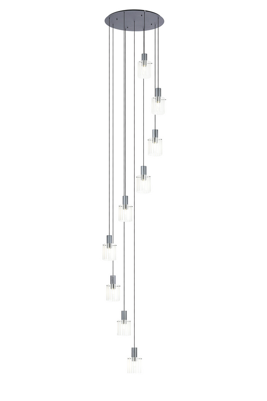 C-Lighting Bridge Ribbed Round Pendant, 9 Light Adjustable E27, Dark Grey/Frosted Wide Line Glass -