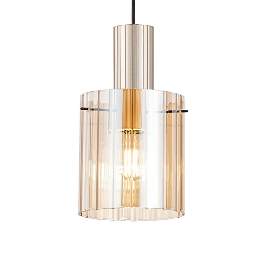 C-Lighting Bridge Ribbed Single Pendant, 1 Light Adjustable E27, Light Gold/Amber Wide Line Glass -