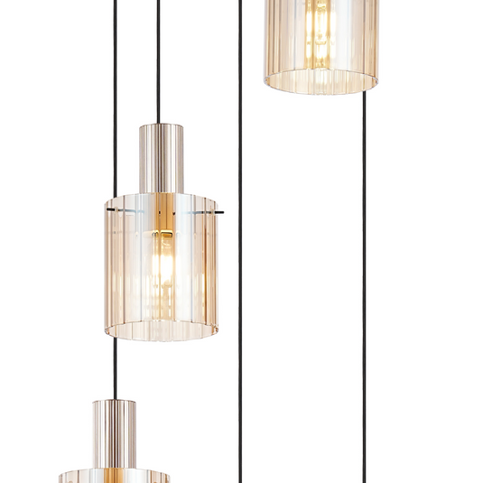 C-Lighting Bridge Ribbed Round Pendant, 5 Light Adjustable E27, Light Gold/Amber Wide Line Glass -