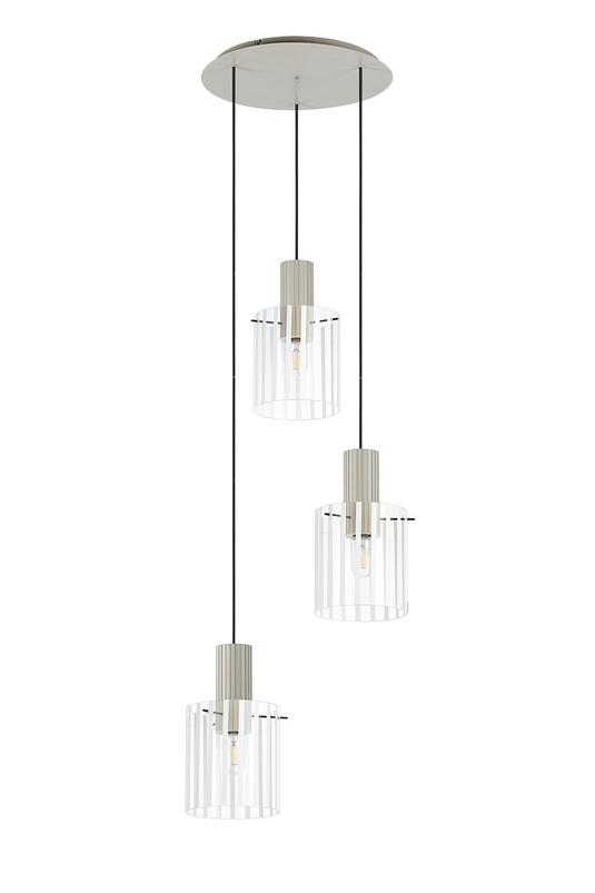 C-Lighting Bridge Ribbed Round Pendant, 3 Light Adjustable E27, Painted Beige/Frosted Wide Line Glass-