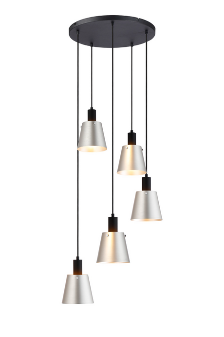 C-Lighting Hektor Round Pendant With 16cm x 14cm Shade, 5 Light E27, Sand Black/Light Grey/Silver Metal Shade - 60895