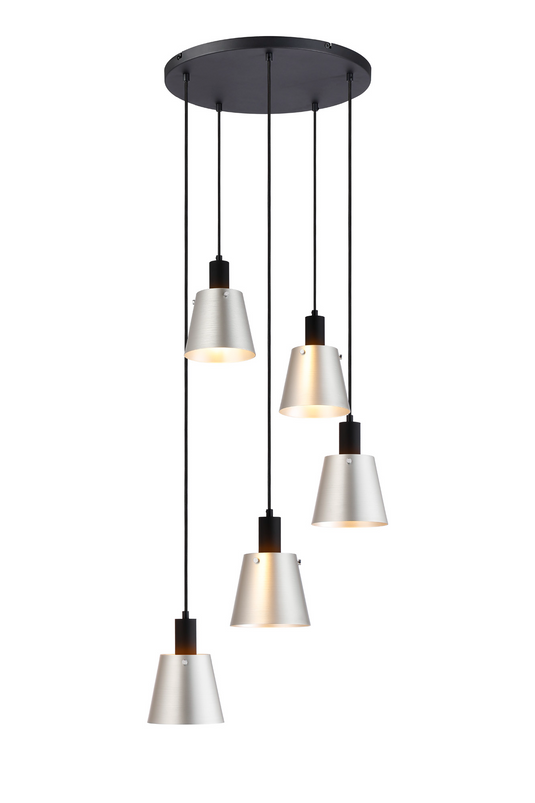 C-Lighting Hektor Round Pendant With 16cm x 14cm Shade, 5 Light E27, Sand Black/Light Grey/Silver Metal Shade - 60895