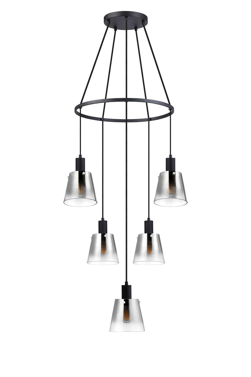 Load image into Gallery viewer, C-Lighting Hektor Ring Pendant With 16cm x 14cm Shade, 5 Light E27, Sand Black/Smoke Faded Glass Shade - 60915

