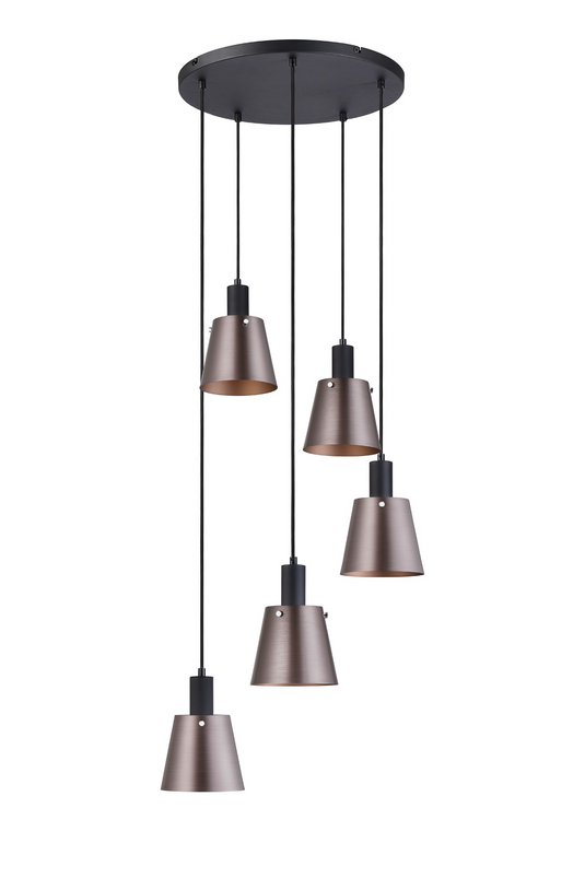 C-Lighting Hektor Round Pendant With 16cm x 14cm Shade, 5 Light E27, Sand Black/Brown/Copper Metal Shade - 60893