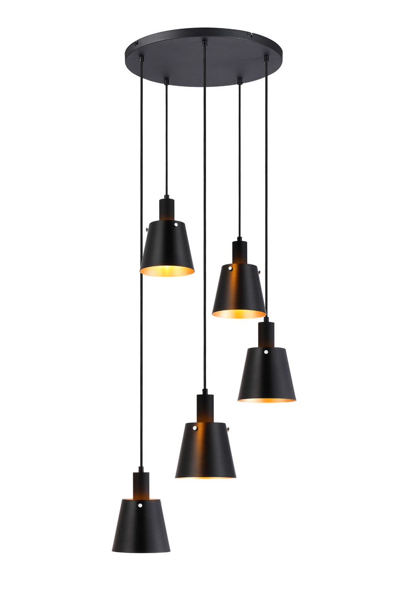 Load image into Gallery viewer, C-Lighting Hektor Round Pendant With 16cm x 14cm Shade, 5 Light E27, Sand Black/Black/Gold Metal Shade - 60892

