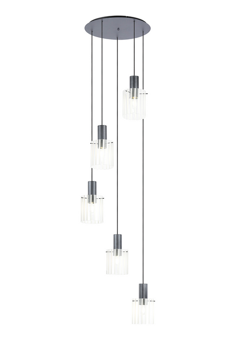 C-Lighting Bridge Ribbed Round Pendant, 5 Light Adjustable E27, Dark Grey/Frosted Wide Line Glass -