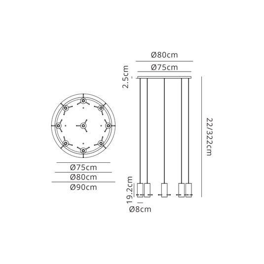 C-Lighting Bridge Round Pendant, 9 Light E27, Polished Nickel/Black/Amber Glass Item Weight: 20.3kg - 61044