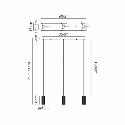 C-Lighting Bridge Ribbed Linear Pendant, 3 Light Adjustable E27, Dark Grey/Amber Wide Line Glass -
