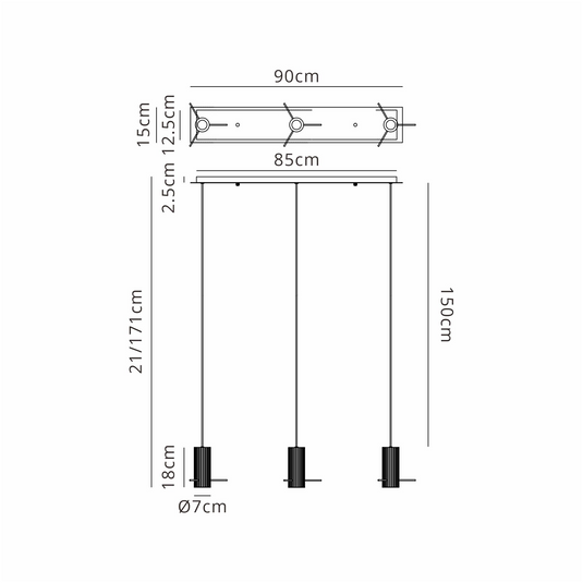 C-Lighting Bridge Ribbed Linear Pendant, 3 Light Adjustable E27, Light Gold/Amber Wide Line Glass -