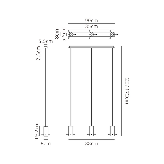 C-Lighting Bridge Linear Pendant, 3 Light Adjustable E27, Polished Nickel/Black/Smoke Fade Glass - 61016