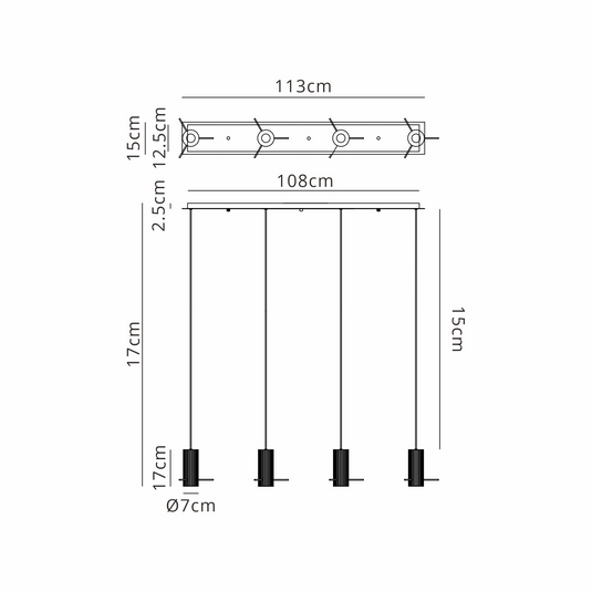 C-Lighting Bridge Ribbed Linear Pendant, 4 Light Adjustable E27, Light Gold/Smoke Wide Line Glass -